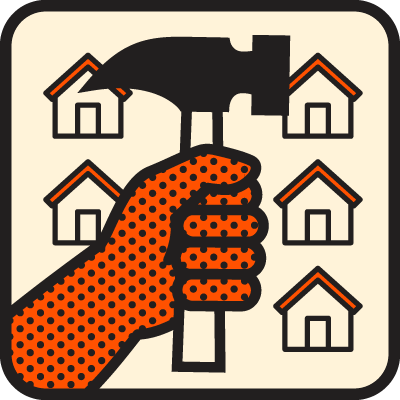An icon with a hand holding a hammer, surrounded by 5 houses