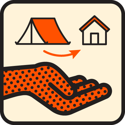 An icon with a hand out, and a tent with an arrow to a house